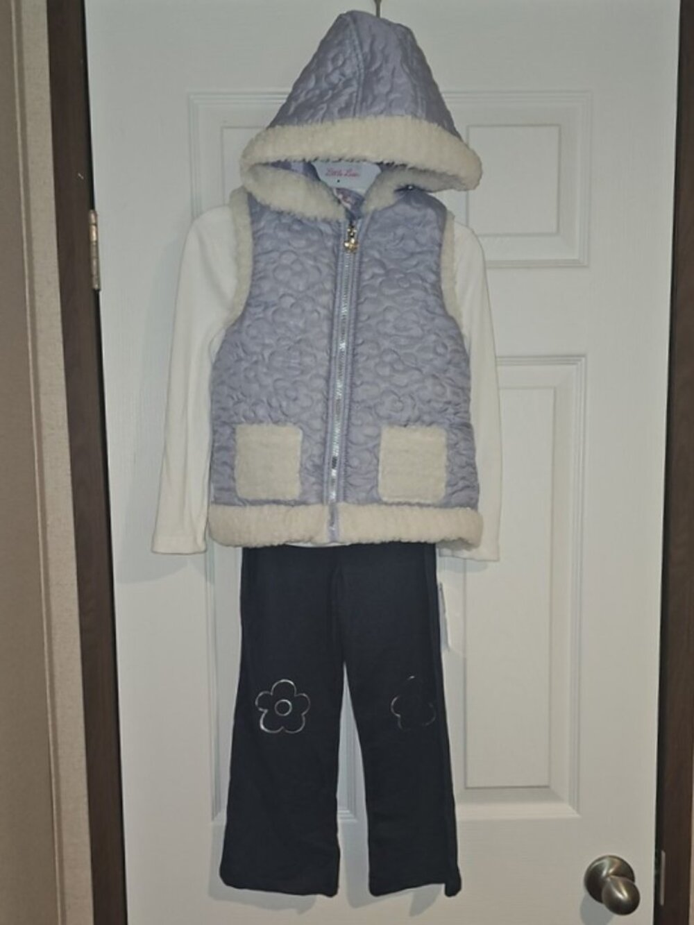 Little Lass Girls Size 5 Three Piece Set Hooded Vest, L/S Tee, Pull On Pant New